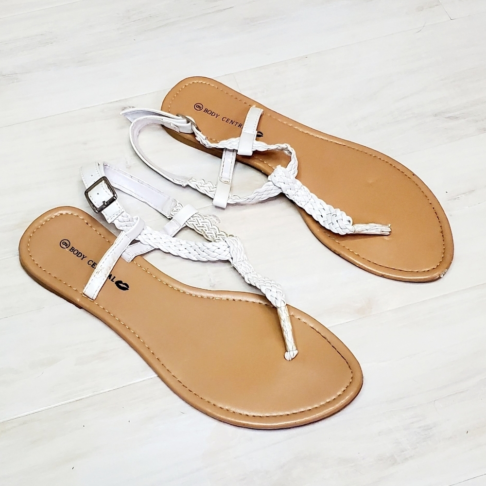 Body Central White and Tan T-Strap Sandals